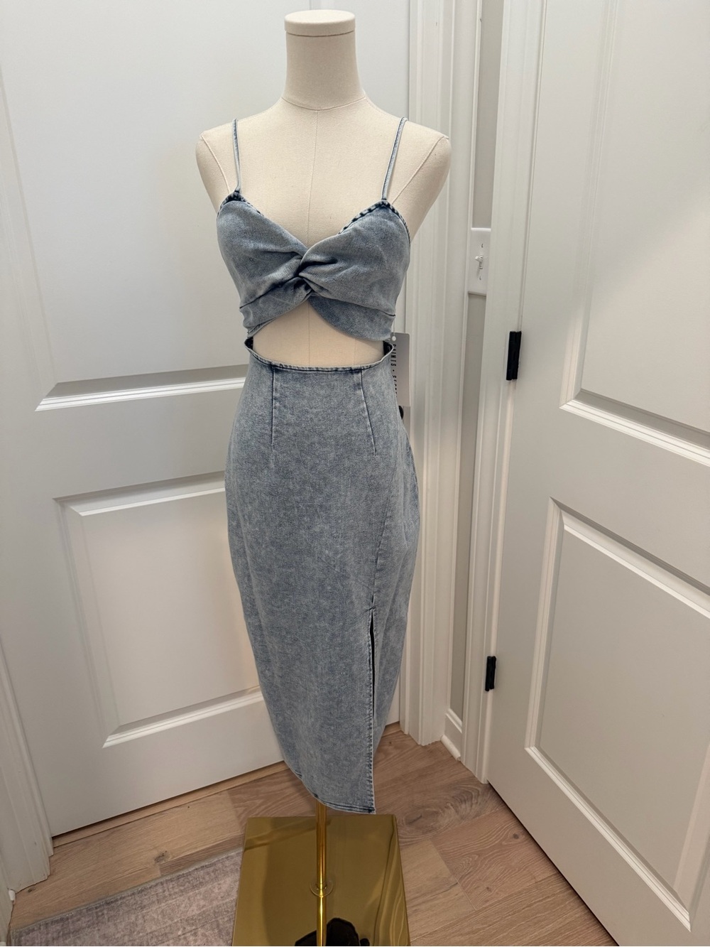Light Blue Twist Front Denim Midi Dress